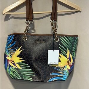 Calvin Klein Tropical Print Tote with Brown Accents